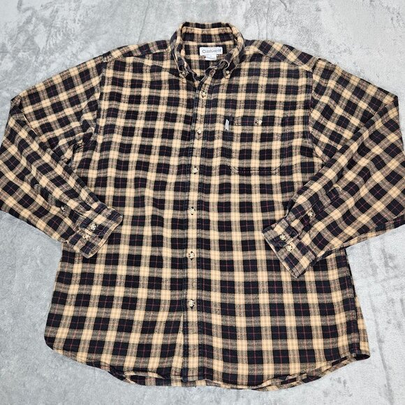 Carhartt Shirt Mens Large Navy Tan Gold Plaid Flannel Button Up Workwear - Picture 2 of 8